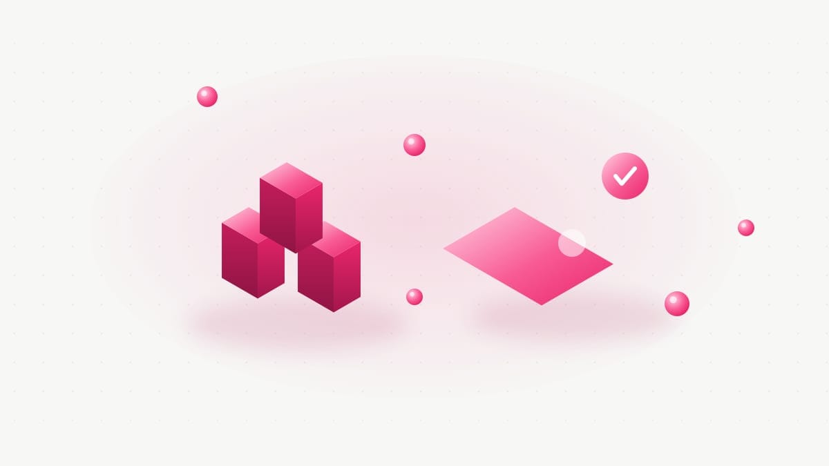 Isometric illustration in Heduno pink: stacked platform blocks beside a flat card and a check mark.